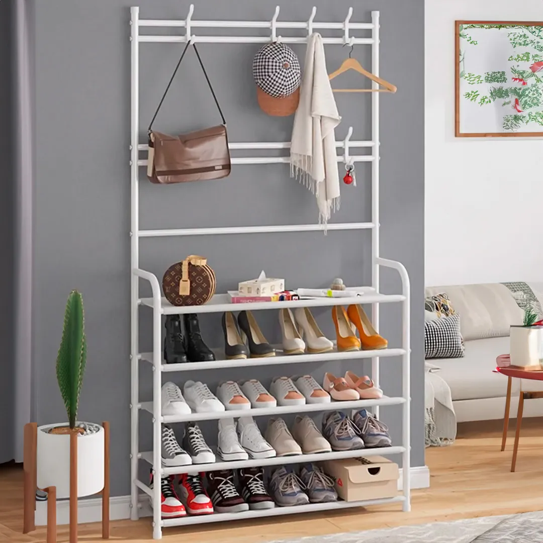 Perchero Zapatero Metálico 5 Niveles + Ganchos | 80x26x170 cm | Multifuncional y Ahorra Espacio