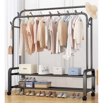 Perchero Doble con Zapatera | Organizador de Ropa con 2 Repisas | Móvil y Resistente