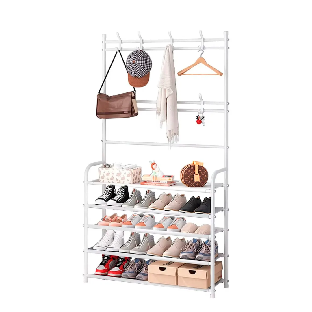 Perchero Zapatero Metálico 5 Niveles + Ganchos | 80x26x170 cm | Multifuncional y Ahorra Espacio