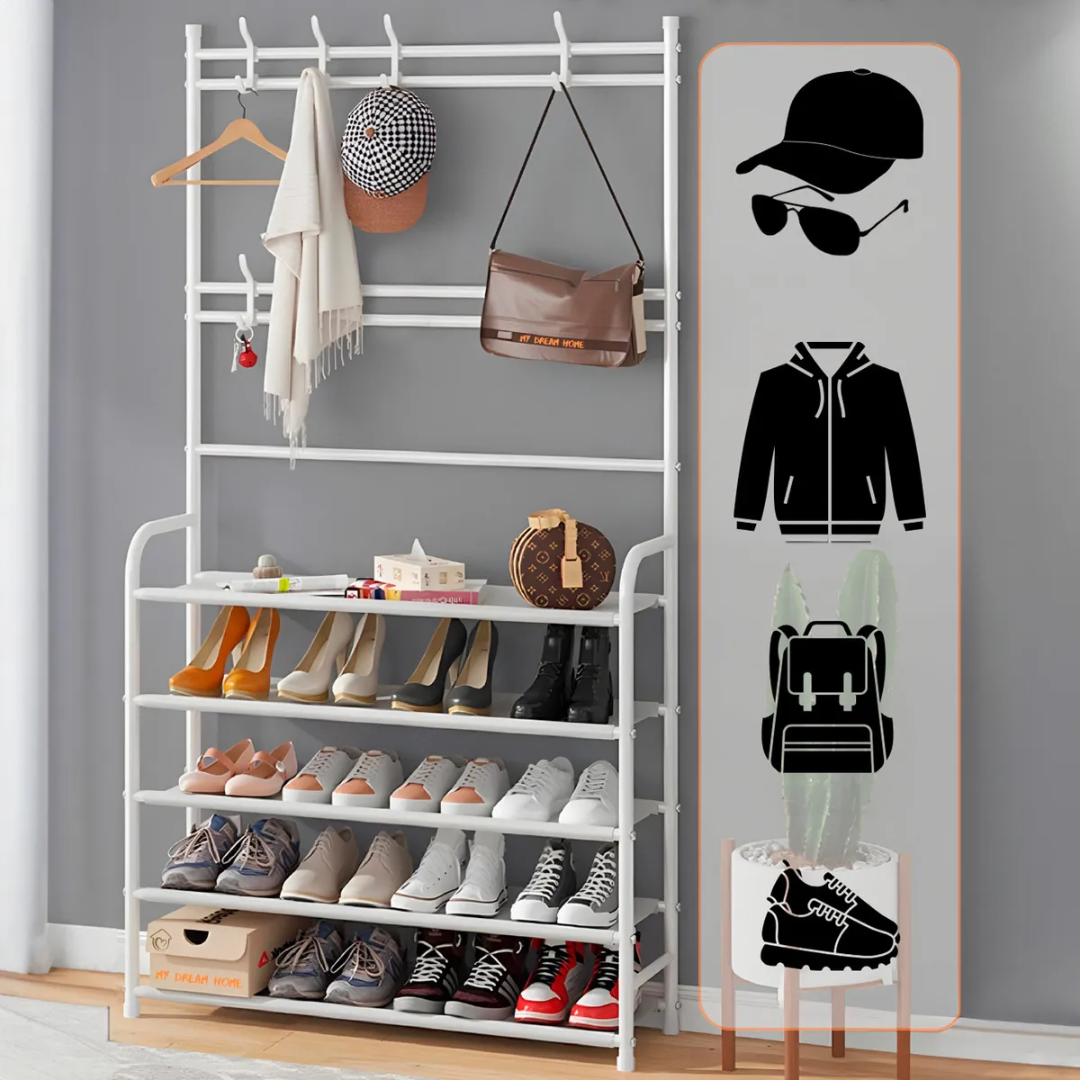 Perchero Zapatero Metálico 5 Niveles + Ganchos | 80x26x170 cm | Multifuncional y Ahorra Espacio