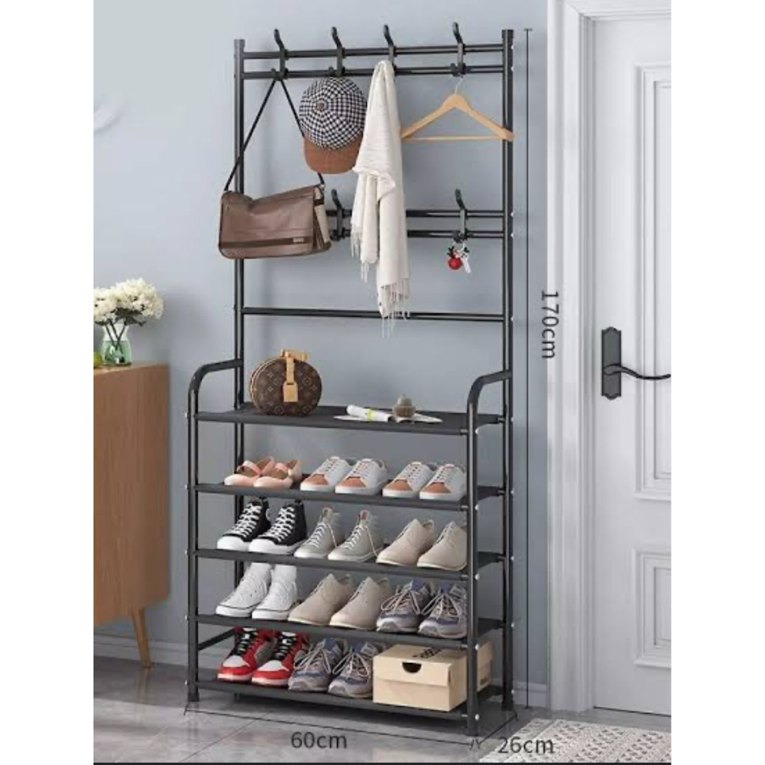 Perchero Zapatero Metálico 5 Niveles + Ganchos | 80x26x170 cm | Multifuncional y Ahorra Espacio